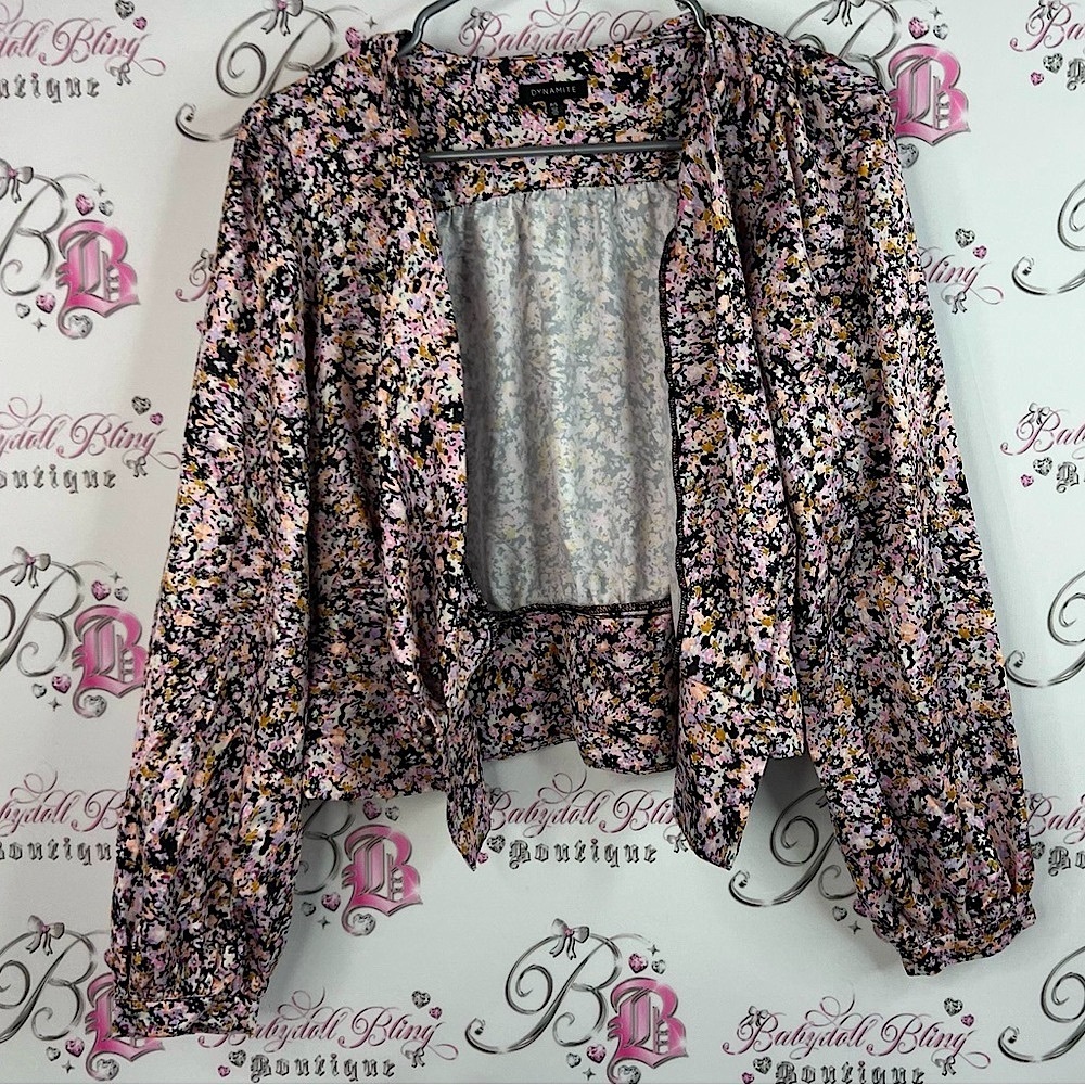 Dynamite blazer cardigan flowers shiny Floral Long Sleeve Blouse